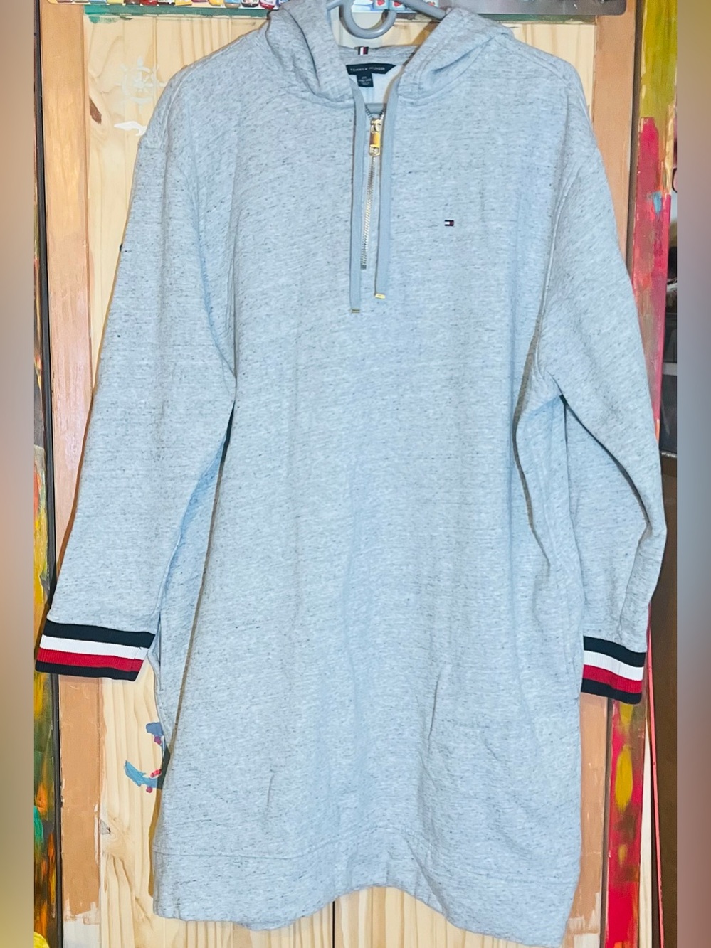 Tommy Hilfiger Light Gray Hooded Quarter-Zip Sweater with Stripe Cuffs